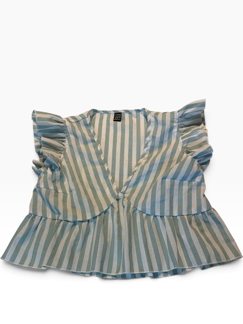 SHEIN Green White Striped Ruffle Peplum Wrap Top Size S
